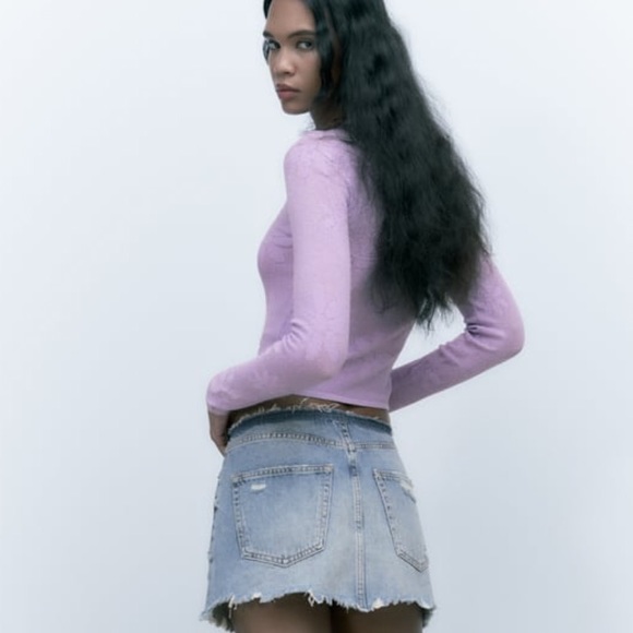 Zara pastel lilac Barbiecore Pointelle knit floral perforated top - Picture 8 of 10